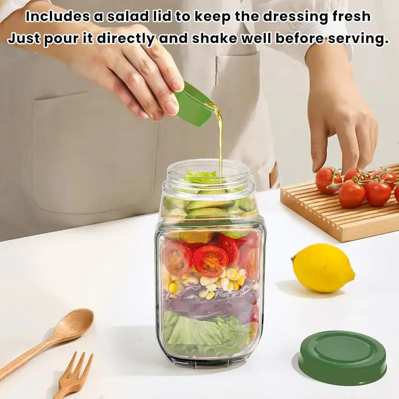 Salad Pod Mason Jar Side Open, Salad Jar with Side Opening for Lunch, Portable Salads Dressing Container with Lid for Travel Leakproof Dressing Compartment